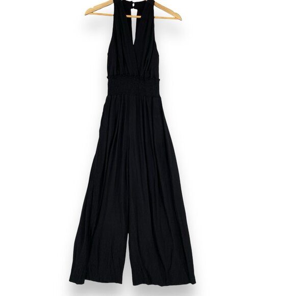 By Anthropologie Jumpsuit Womens XS Black Wide Leg Smocked Halter Keyhole V-Neck - Picture 1 of 16